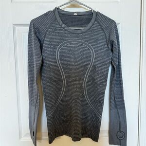 Lululemon - Gray Striped Swiftly Tech Long-Sleeved Stretchy Shirt with Thumb